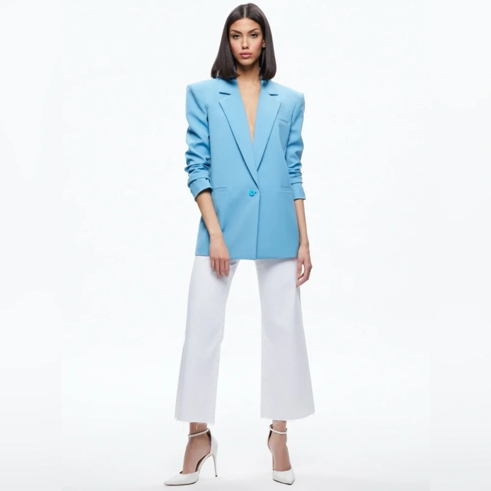 NWT $550 Alice Olivia Shan Strong-shoulder Ruched-sleeve Blazer In Oxford Blue